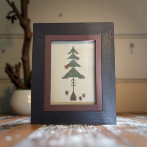 Framed Primitive Cross-Stitch Pine Tree w/ Button Embellishments (Cardinal & Pin - Picture 1 of 6