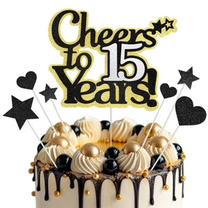 Cheers to 15 Years Cake Topper Black Gold Happy 15th Birthday Cake Toppers fo... - Picture 1 of 5