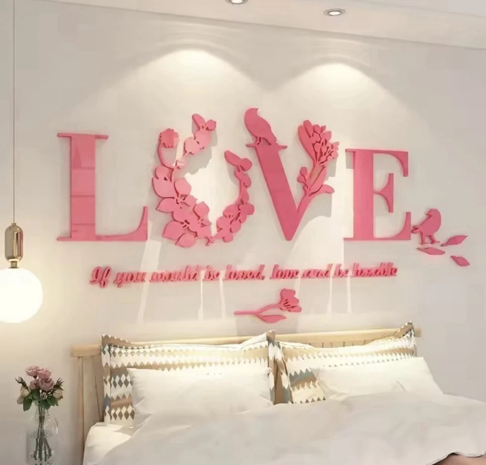 Pegatinas de pared Love espejo 3D acrílico rosa decoración para dormitorio hogar Foto 1 de 1