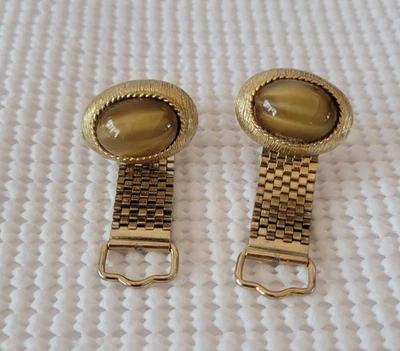 Gold Tone Oval Tigers Eye Stone Linked Chain Wrap Hinged Cuff Links - Image 1 of 4