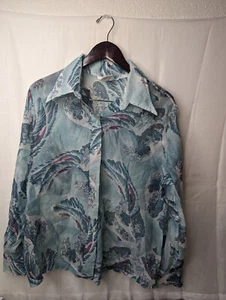 Dearborn Great Wave Blue Water  Sheer Button Blouse Women Size 42 Large Art Ho - Picture 1 of 10