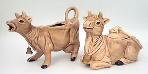 Vintage Kenmar Brown Cow w/ Brass Bell Covered Sugar &Creamer Set Made In Japan - Picture 1 of 19