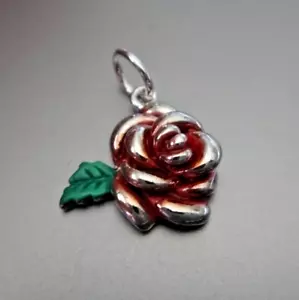 Sterlingsilber 14x13mm kleiner Kopf Emaille rot rosa mit grünem Blatt Charm - Bild 1 von 4
