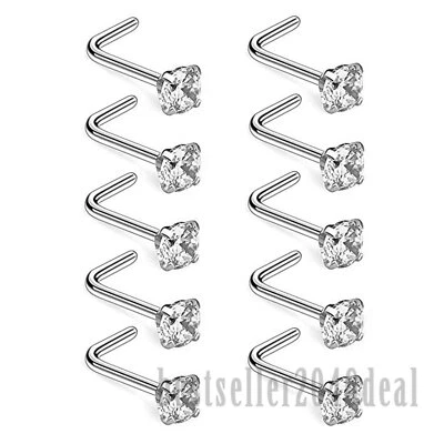 10PCS Surgical Steel Mix CZ L-Shaped Nose Studs Rings Body Piercing Jewelry 18G - Image 1 of 4