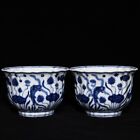 6.1" Antique Dynasty Porcelain Xuande Mark Pair Blue White Lotus Fish Algae Bowl