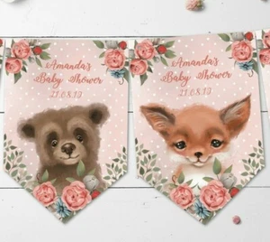 Personalised Pink Woodland Forest Animals Baby Shower Party Bunting & Ribbon - Picture 1 of 3