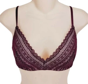 Victoria Secret No Wire Lined Bra Size 32D Pink Burgundy Lace - Picture 1 of 5