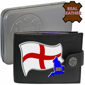 England Wallet English St George Flag Map Soft Real Leather Men's Gift Tin RFID