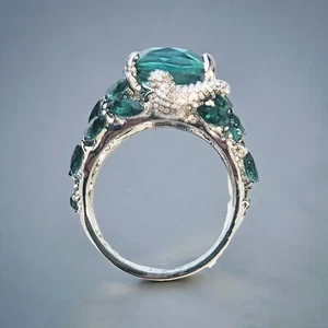 Vintage Sterling Silver and Green CZ Statement Ring with Bird Accent Size 8.25 - Picture 1 of 3