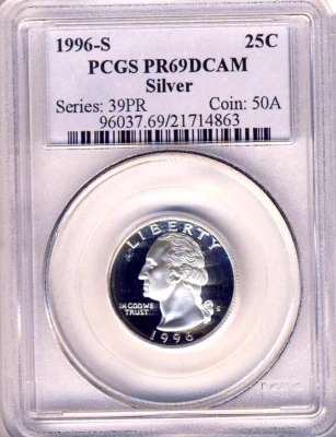 1996 S PCGS PR69DCAM SILVER WASHINGTON QUARTER - Image 1 of 2
