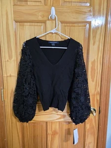French Connection Black V-Neck Balloon Sleeve Sweater XS New With Tags - Picture 1 of 3