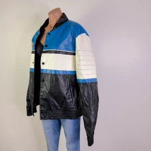 Fried Denim Faux Leather Racing Motorcycle Moto Biker Jacket Blue Black Sz L NWT - Picture 1 of 12