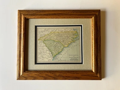 1904 North & South Carolina Map fm Rand McNally Atlas, Frame & Dbl Mat SEE DESCR - Image 1 of 3