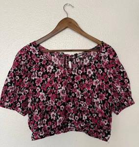 Divided H&M Blouse Top Womens Size L Floral Puff Sleeve Cropped - Picture 1 of 7