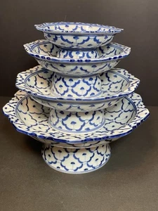 4 Blue & White Hand-Painted Porcelain Stacking Pedestal Bowls Plates Compotes 7” - Picture 1 of 18