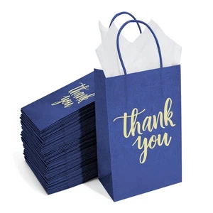 100 Pack Small Navy Blue Thank You Paper Gift Goodie Bags with Handles 9x5.5x... - Bild 1 von 8