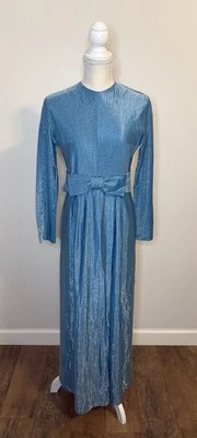 复古 Vogue Paris 原装蓝色长袖蝴蝶结珠光长裙纽扣背面 S — 第 1/4 张图片