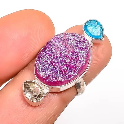 Natural Agate Drusy, Blue Topaz Silver Plated Jewelry Ring s.6 R7508-1837 - Image 1 of 3