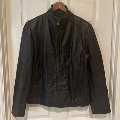 Nine West 皮革夹克女式大号黑色拉链前口袋 — 第 1/4 张图片
