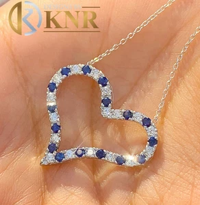 Heart Shape Natural Diamonds And Sapphire Pendant Chain 14K White Gold 0.60ctw - Picture 1 of 6
