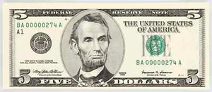 1999 $5 Boston Federal Reserve Note Fr 1986-A LOW SERIAL 00000 - Picture 1 of 2
