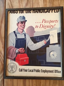 VINTAGE 1959 JOBS FOR THE HANDICAPPED ORIGINAL GOVERNMENT POSTER FRAMED IN WOOD - Picture 1 of 7