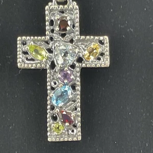 Vintage Sterling Silber 925 signiert christliches Kreuz farbige Steine Israel - Bild 1 von 10