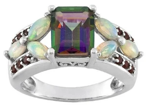 Anello in argento sterling con topazio mistico opale etiope, granato Vermelho 3,91 ctw misura 7 - Foto 1 di 7