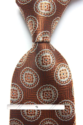 New Classic Polka Dot Brown White JACQUARD WOVEN 100% Silk Men's Necktie Tie - Image 1 of 4
