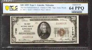 1929 $20 FIRST NATIONAL BANKNOTE FR.1802-1 LINCOLN NEBRASKA PCGS CU 64 PPQ (551A - Picture 1 of 2