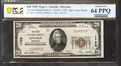 1929 $20 FIRST NATIONAL BANKNOTE FR.1802-1 LINCOLN NEBRASKA PCGS CU 64 PPQ (551A - Image 1 of 2