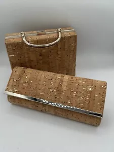 D’Margeaux 10.5” Cork Clutch & 9” Bag w/Detachable Metal Chain Gold Accents New - Picture 1 of 15