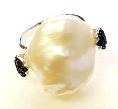 HSN Deb Guyot Studio Sterling Semi Baroque Pearl and Black Spinel Ring Size 8 - Image 1 of 4