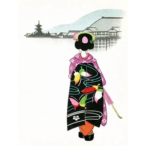 GEMÄLDE POSTKARTE JAPAN FRAU GEISHA REGENSCHIRM PAGODE DORF KUNSTDRUCK POST - Bild 1 von 2