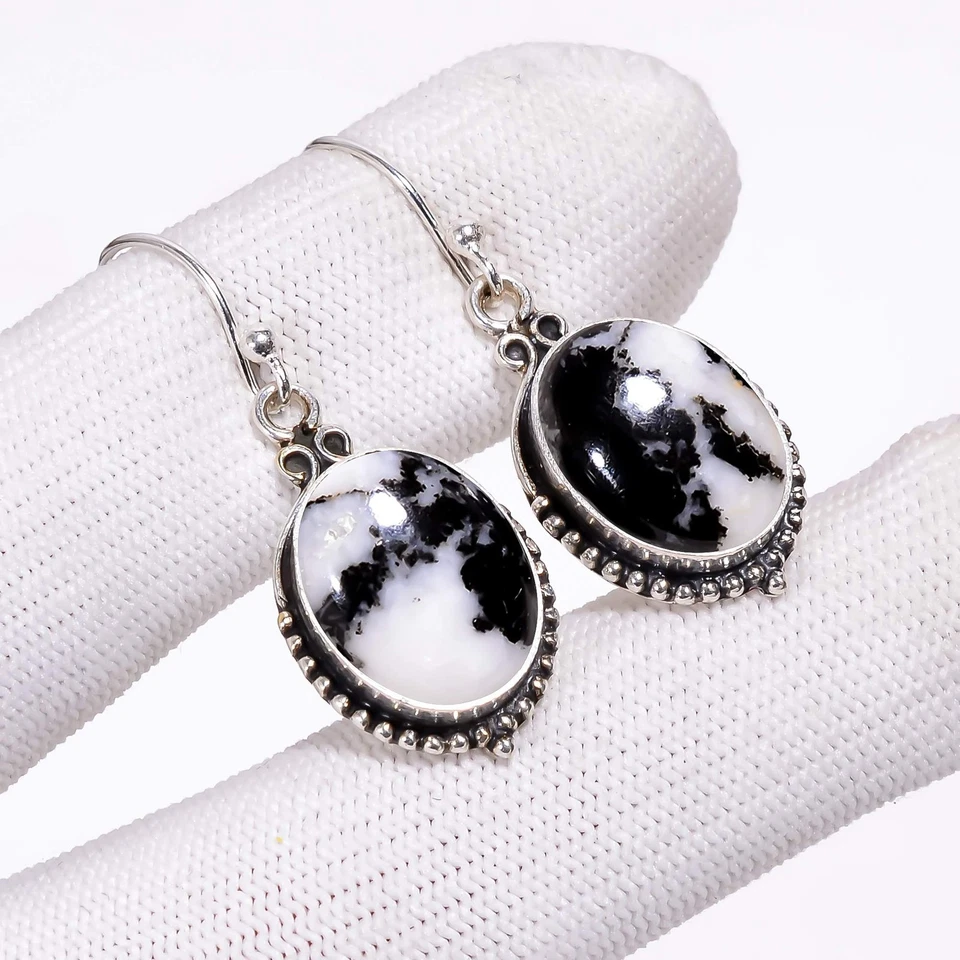 White Buffalo Turquoise Gemstone Solid 925 Sterling Silver Dangle Earring V281 - Image 1 of 4