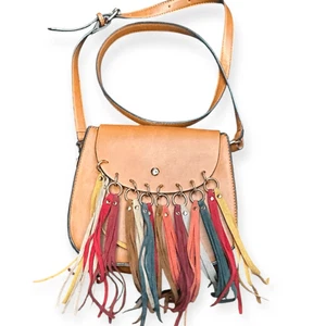 MELLOW WORLD Women’s Tan Faux Leather Multicolor Fringe Crossbody Bag Boho Festi - Picture 1 of 7
