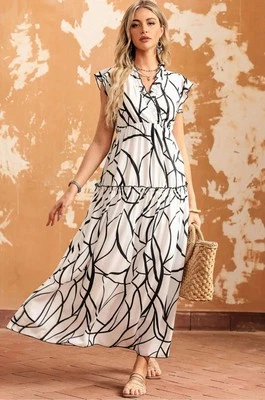 Maxi Vestido Blanco Abstracto Estampado de Venas Cuello en V Volantes Mujer M/L Femenino Coqueta Foto 1 de 4