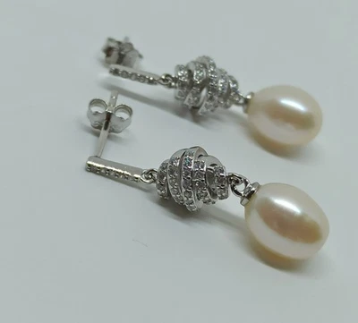 ORECCHINI IN ARGENTO 925 SPIRALE ZIRCONI E PERLA GOCCIA VERA (AMFO0463) - Immagine 1 di 3