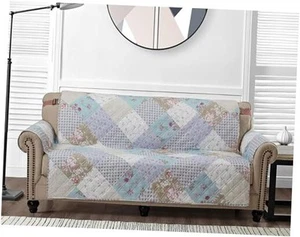 Blue and Green Rose Patchwork Couch Cover, Quilted X-Large Sofa Slipcover, - Picture 1 of 8