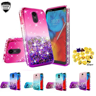 For LG Aristo 4+/ Escape Plus Liquid Glitter Diamond Bling Phone Case +Emoji  - Image 1 of 2