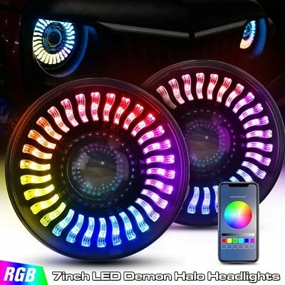 2PCS LED Headlights Halo Angle Eyes For Jeep Wrangler CJ TJ JK 7" Round Black - Image 1 of 4