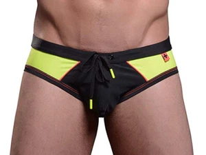Andrew Christian Mens La Jolla Bikini Black Yellow Male Swimming Bather Swimwear - Picture 1 of 10