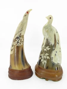 Pair of Bovine Cow Horn Elegant Hand Carved Bird Keratin Sculptures 9" & 9.75"t - Bild 1 von 7