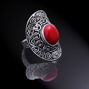 Red Coral Gemstone Handmade 925 Sterling Silver Ring Size 7.75 X-Mas Gift B662