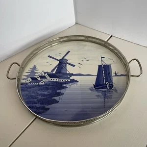 Vintage Holland Blue Windmill Scene Porcelain Tray Metal Edge Made Germany - Picture 1 of 4