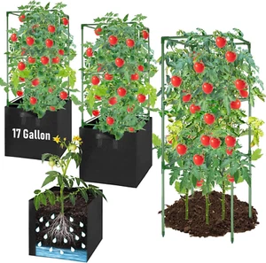 3 Pack Tomato Cages with 17 Gallon Grow Bags, 47” Heavy Duty Square Tomato Plant - Picture 1 of 12