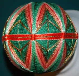 Vtg JAPANESE TEMARI THREAD HAND BALL Traditional Handmade FOLK ART Teal/Peach - Picture 1 of 12