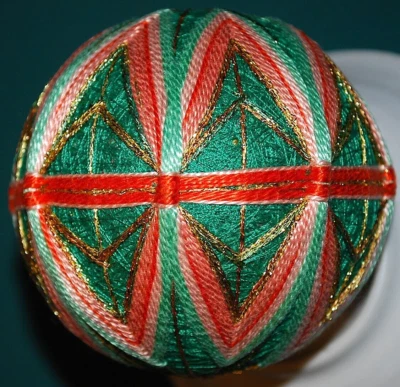Vtg JAPANESE TEMARI THREAD HAND BALL Traditional Handmade FOLK ART Teal/Peach - Image 1 of 4