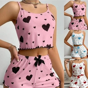 Casual Women Striped Heart Print Halter Vest with Elastic Waist Shorts - Picture 1 of 9
