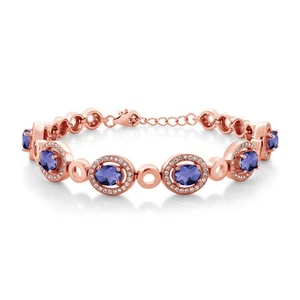 5.82 Ct Oval Checkerboard Blue Iolite 18K Rose Gold Plated Silver Bracelet - Picture 1 of 4